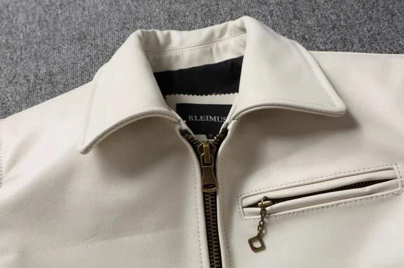 Jaqueta de couro genuíno masculino lapela branca jaqueta de pele de bezerro natural casaco masculino fino ajuste camada superior jaqueta de motociclista