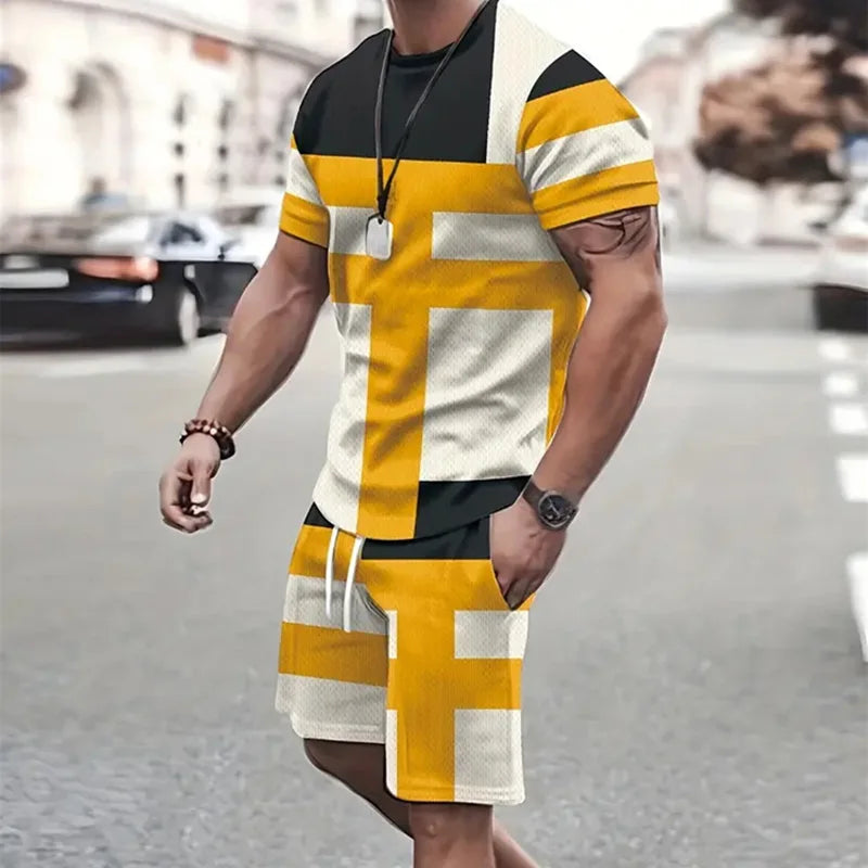 Conjunto de camiseta e shorts estampados em retalhos 3D masculino, traje de treino gola redonda, roupas esportivas casuais, roupas de manga curta, moda verão, 2 peças, 2024