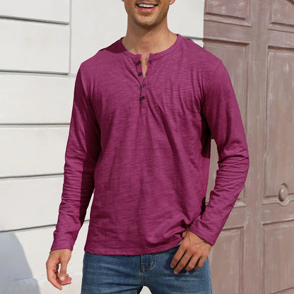 Outono nova camiseta masculina de manga longa casual estilo simples henley pescoço respirável leve algodão topos moda masculina