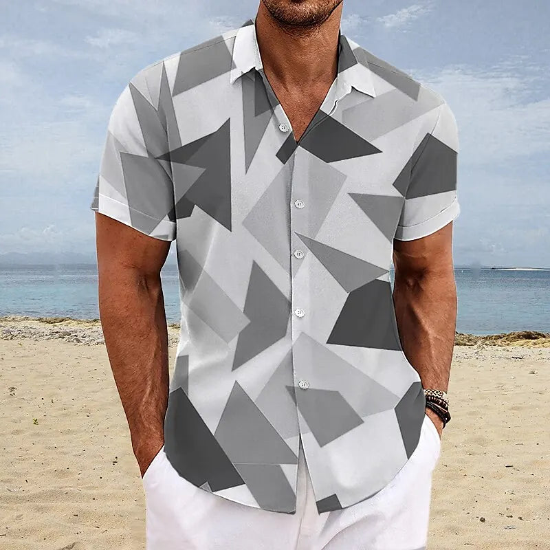 Camisa masculina de manga curta com estampa geométrica havaí praia casual cardigã masculino elegante e confortável camisa masculina