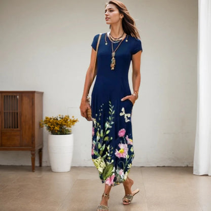 Vestidos de festa de verão novo casual moda impresso vestidos de bolso vintage floral impressão manga curta vestidos arty para mulher