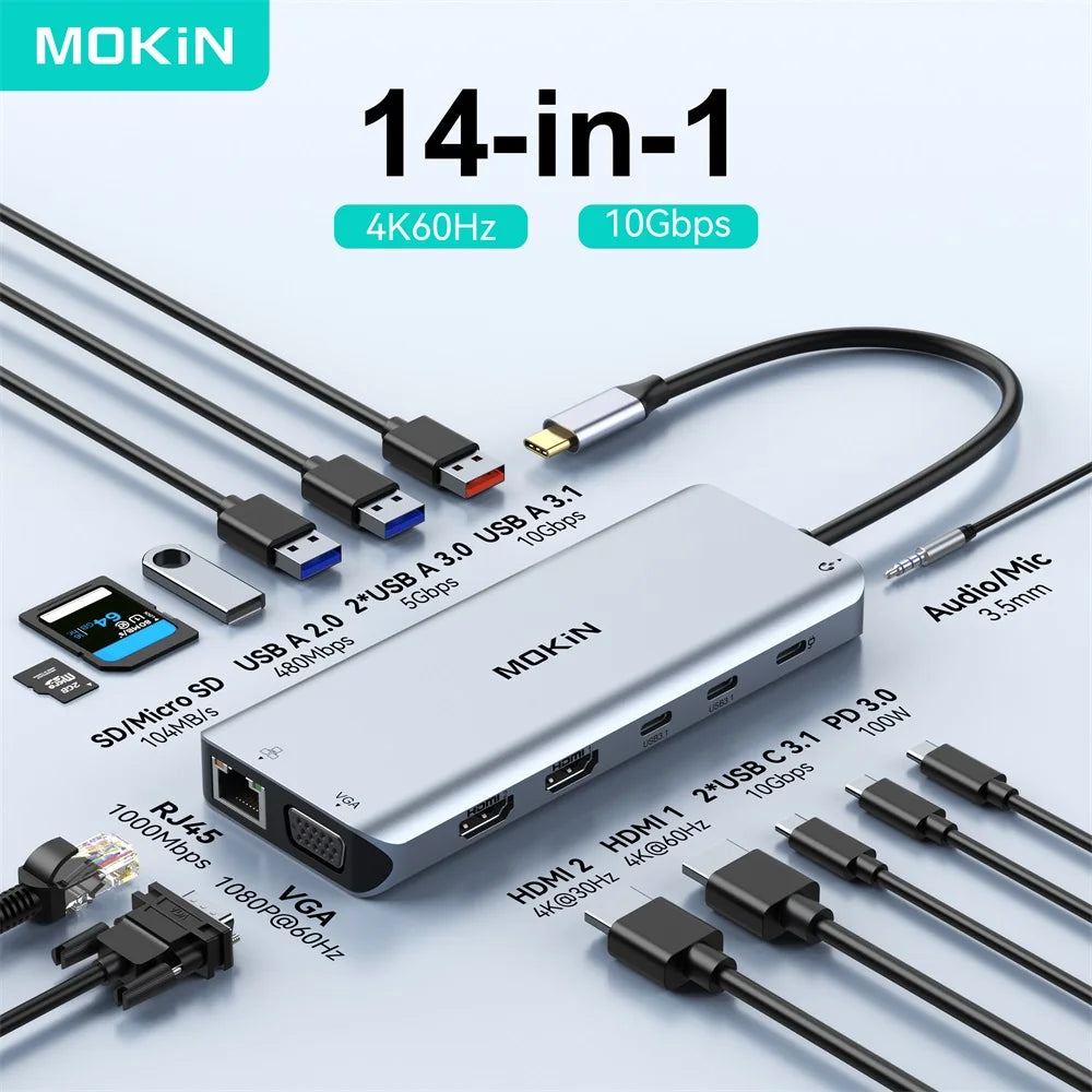 Mokan usb c hub tipo c 4k @ 60hz hdmi hub, vga 3usb 3.1 10gbps pd rj45 sd/tf docking station para macbook air pro acessórios para portátil