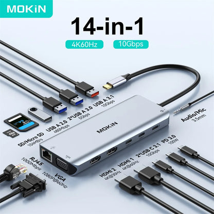 Mokan usb c hub tipo c 4k @ 60hz hdmi hub, vga 3usb 3.1 10gbps pd rj45 sd/tf docking station para macbook air pro acessórios para portátil