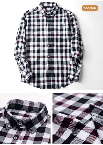 Moda masculina casual xadrez escovado camisa de manga longa, confortável 100% algodão botão para baixo fino ajuste grosso flanela camisas de outono