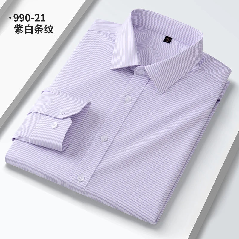 Camisa elástica anti-rugas masculina, manga comprida, slim fit, blusa social e de negócios, vestido branco, qualidade