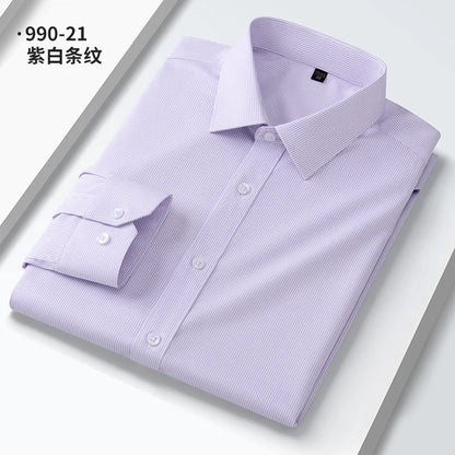 Camisa elástica anti-rugas masculina, manga comprida, slim fit, blusa social e de negócios, vestido branco, qualidade