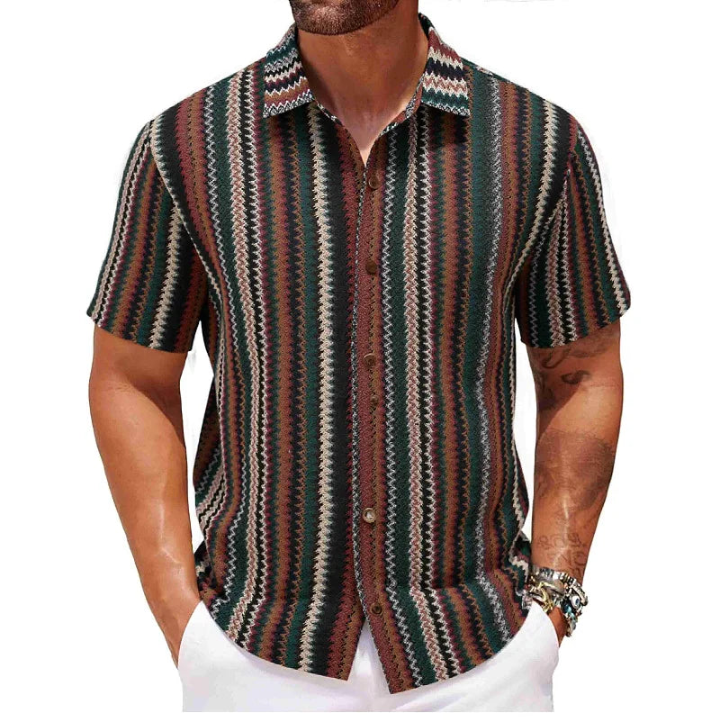 Novo étnico listrado masculino cardigan topos chique oco para fora manga curta casual camisa de renda moda streetwear premium blusa respirável