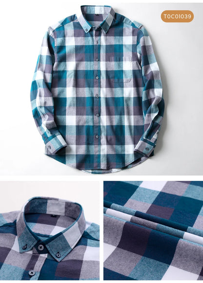 Moda masculina casual xadrez escovado camisa de manga longa, confortável 100% algodão botão para baixo fino ajuste grosso flanela camisas de outono