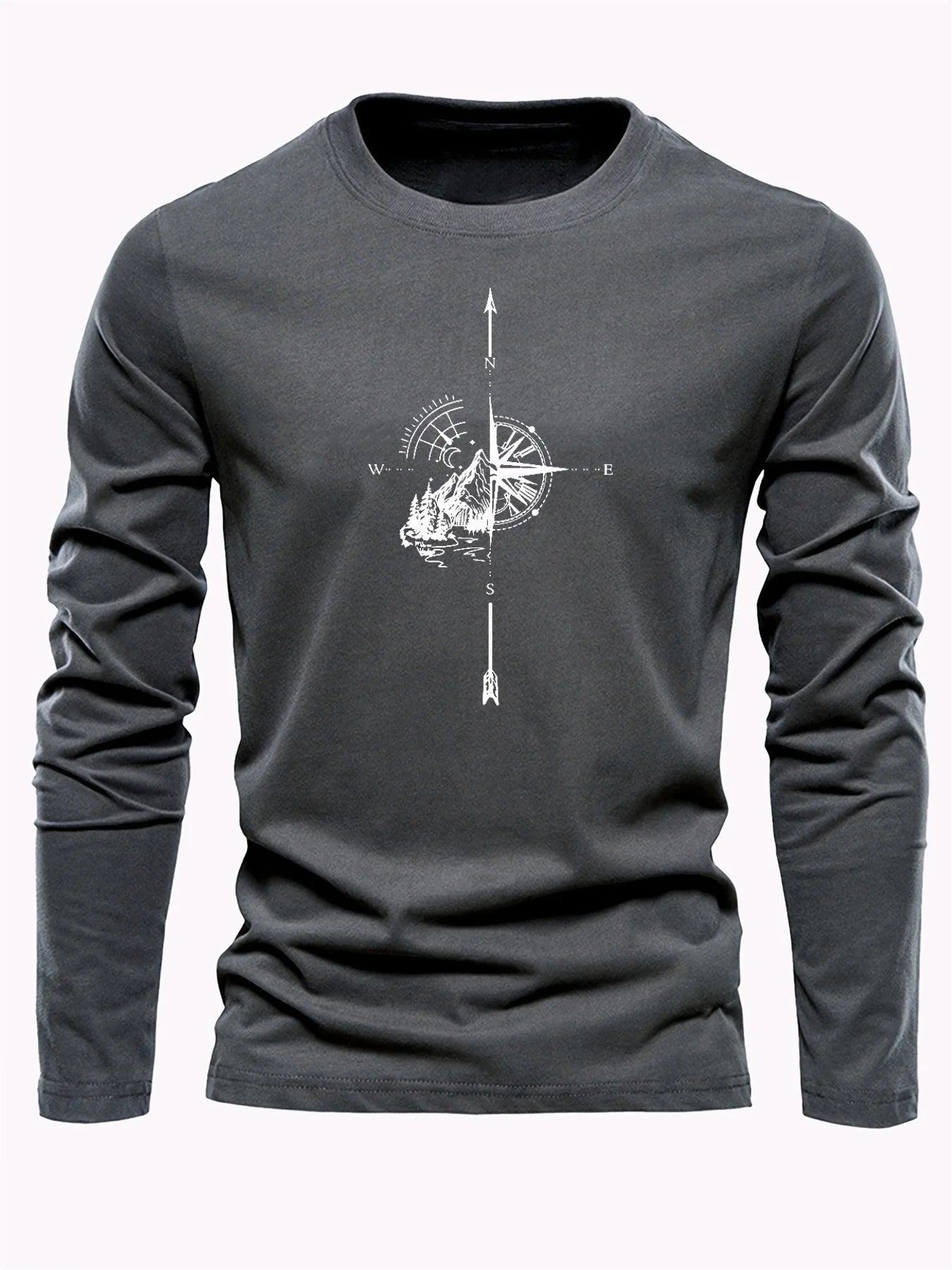 100% algodão puro masculino solto ajuste confortável esportes e lazer montanha bússola padrão impresso em torno do pescoço manga comprida camiseta