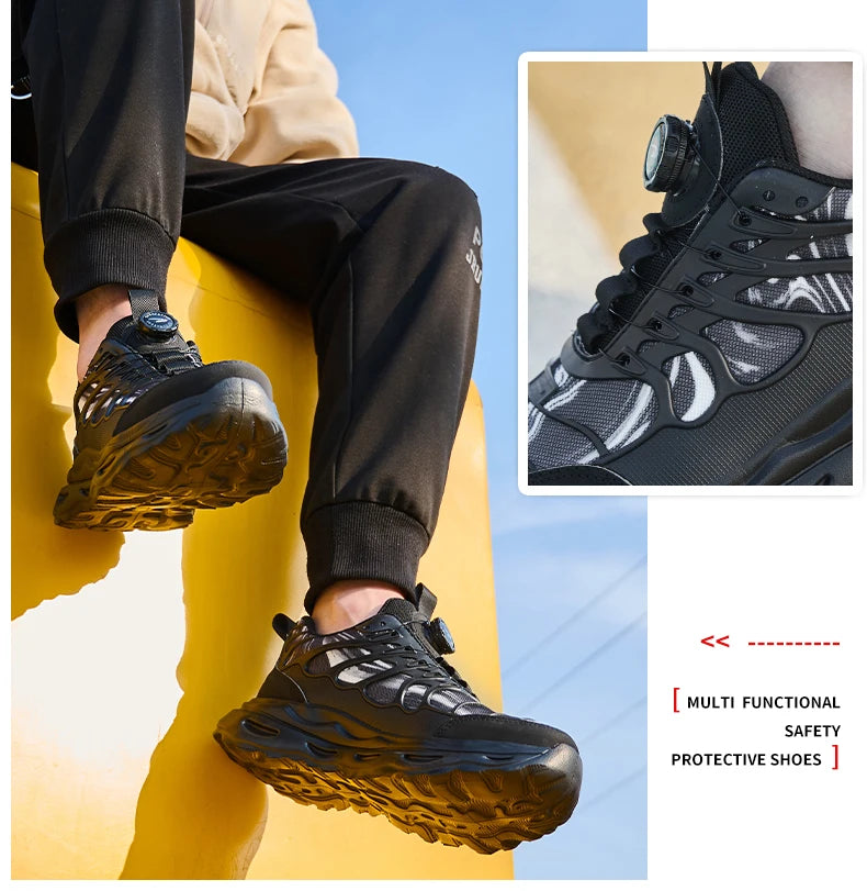 2025 botão rotativo sapatos de segurança homens anti esmagamento anti piercing sapatos de trabalho homens sapatos de dedo do pé de aço antiderrapante sapatos indestrutíveis