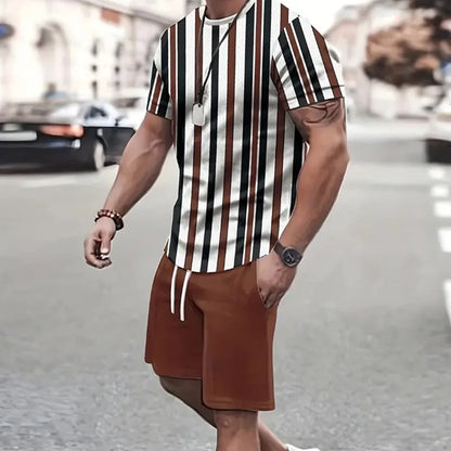 Conjunto de camiseta e shorts estampados em retalhos 3D masculino, traje de treino gola redonda, roupas esportivas casuais, roupas de manga curta, moda verão, 2 peças, 2024