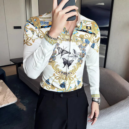 Camisa Coreana Estampada Masculina, Manga Comprida, Fina, Vestido, Festa, Negócios, Social, Boutique, Luxo, Primavera, Outono, 6XL