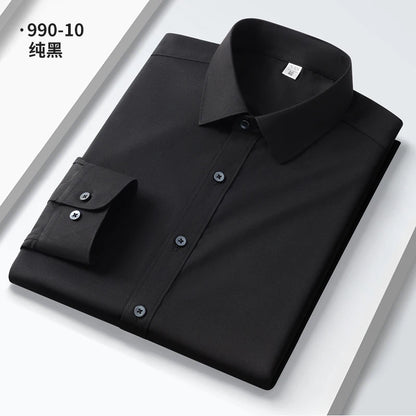 Camisa elástica anti-rugas masculina, manga comprida, slim fit, blusa social e de negócios, vestido branco, qualidade