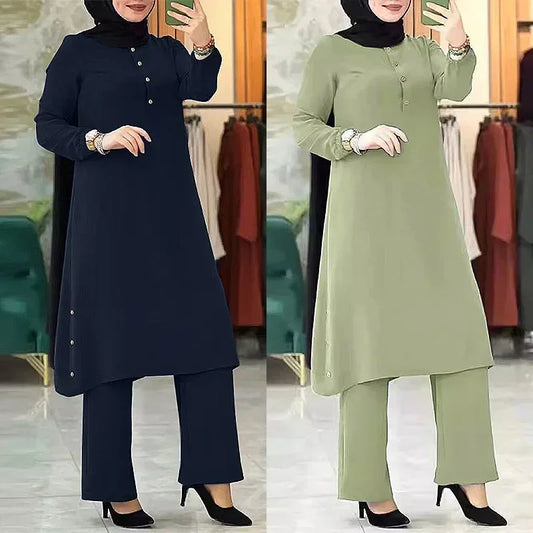 Abaya muçulmano terno elegante feminino conjuntos de correspondência moda camisa longa topos & calças perna larga roupas ramadan fatos de treino urbanos