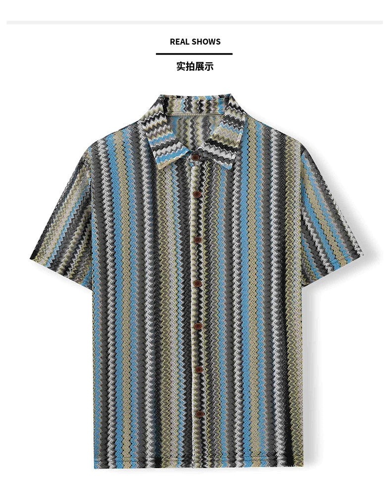 Novo étnico listrado masculino cardigan topos chique oco para fora manga curta casual camisa de renda moda streetwear premium blusa respirável