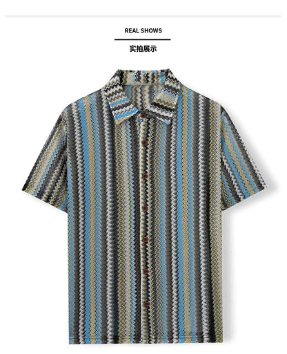 Novo étnico listrado masculino cardigan topos chique oco para fora manga curta casual camisa de renda moda streetwear premium blusa respirável