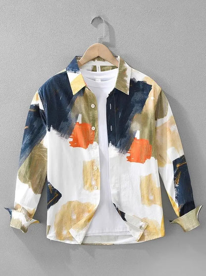 Primavera japonês cor-bloqueio graffiti design camisa de manga comprida personalidade na moda masculina solta casual impressão versátil