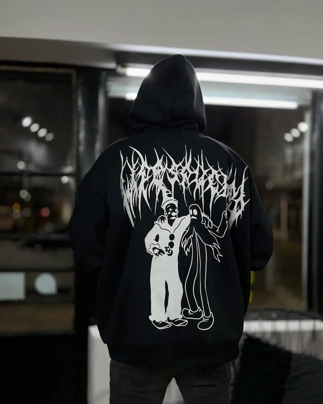 Masculino preto com capuz solto ajuste estilo rua gótico hoodie com punho impressão elegante casual urbano manga longa pulôver design na moda