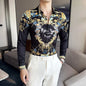 Camisa Coreana Estampada Masculina, Manga Comprida, Fina, Vestido, Festa, Negócios, Social, Boutique, Luxo, Primavera, Outono, 6XL