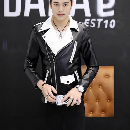 2025 masculino novo bonito, novo zíper oblíquo, jaqueta de couro PU locomotiva combinando com cores casuais