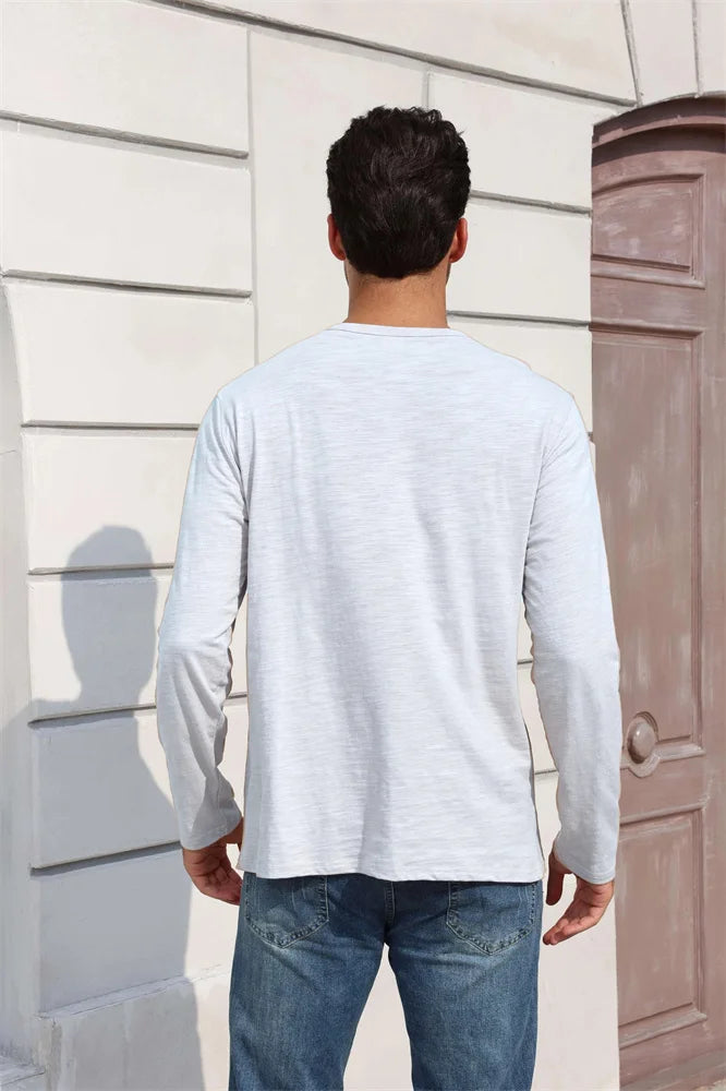 Outono nova camiseta masculina de manga longa casual estilo simples henley pescoço respirável leve algodão topos moda masculina