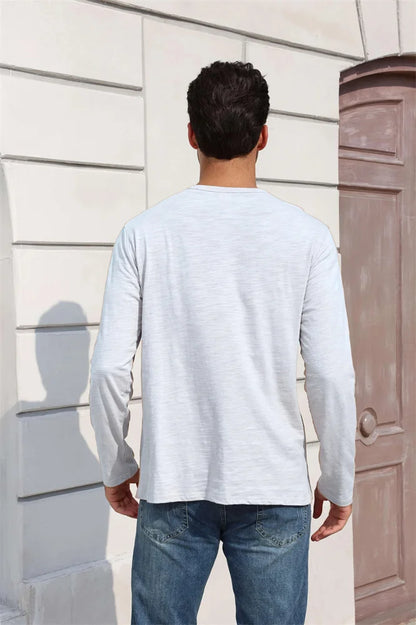 Outono nova camiseta masculina de manga longa casual estilo simples henley pescoço respirável leve algodão topos moda masculina