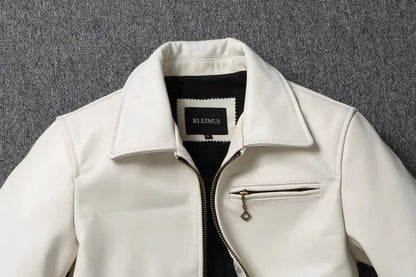 Jaqueta de couro genuíno masculino lapela branca jaqueta de pele de bezerro natural casaco masculino fino ajuste camada superior jaqueta de motociclista