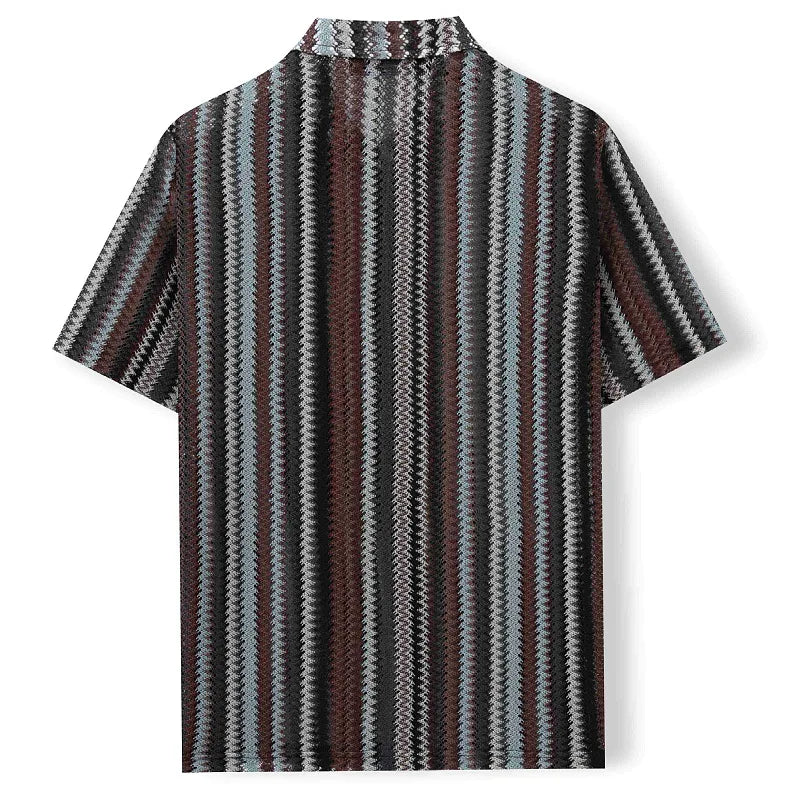 Novo étnico listrado masculino cardigan topos chique oco para fora manga curta casual camisa de renda moda streetwear premium blusa respirável