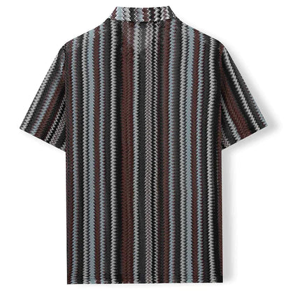 Novo étnico listrado masculino cardigan topos chique oco para fora manga curta casual camisa de renda moda streetwear premium blusa respirável