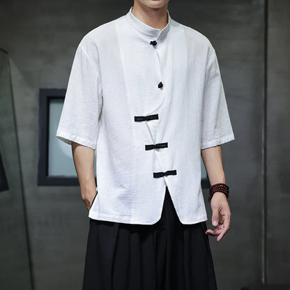 Camisa de linho de algodão masculina verão luz fina manga curta topo streetwear solto oversize casual estilo chinês camisa tang terno hanfu