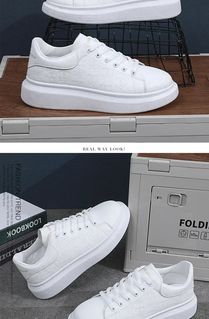 2025 novos sapatos masculinos primavera e outono de sola plana sapatos casuais de couro sapatos esportivos preto e branco masculino de sola grossa respirável