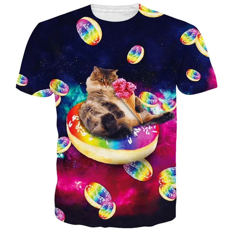 Verão 3d impressão gatos engraçados t camisa masculina galáxia gato gráfico manga curta personalidade casual o-pescoço rua em torno do pescoço camisetas roupas