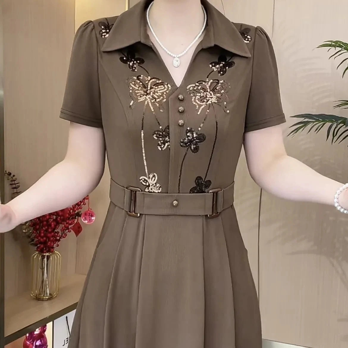 Mulheres estilo ocidental vestido verão primavera nova moda high-end lantejoulas vestidos longos mãe de meia idade elegante magro vestidos mujer