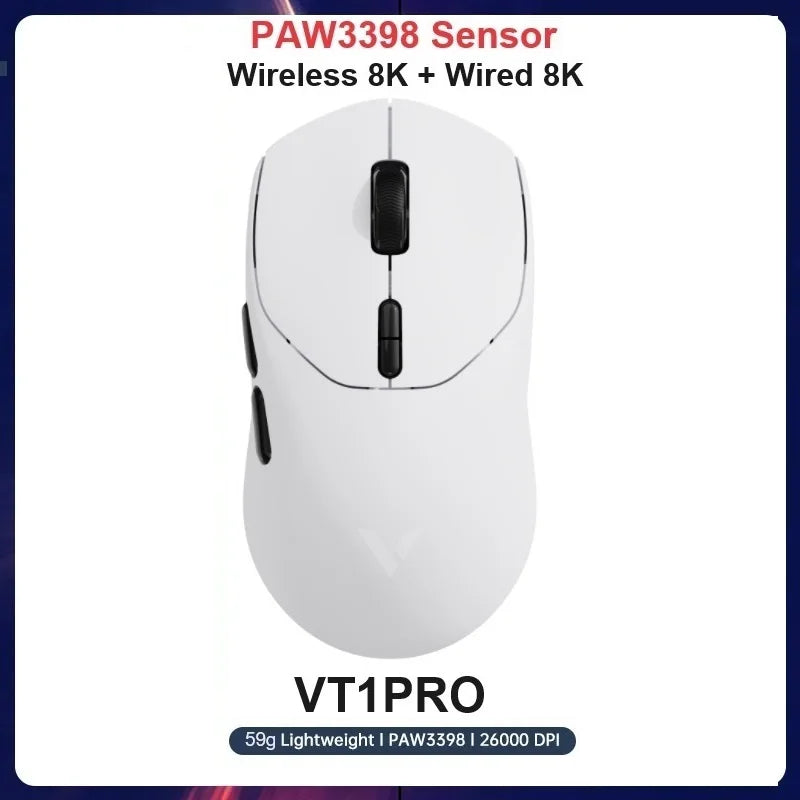 Rapoo vt3pro mouse para jogos sem fio 59g superleve 8khz taxa de pesquisa 26000 dpi paw3398 sensor óptico final longa vida útil da bateria