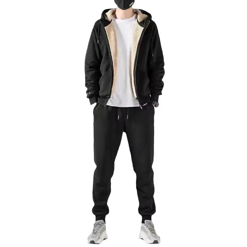 Moda masculina forrado de lã engrossado cardigan moletom com capuz terno esportivo outono/inverno conjunto casual ao ar livre