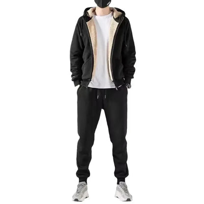 Moda masculina forrado de lã engrossado cardigan moletom com capuz terno esportivo outono/inverno conjunto casual ao ar livre