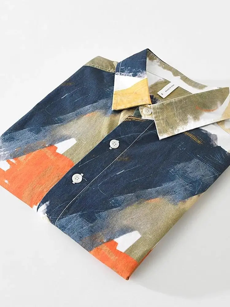 Primavera japonês cor-bloqueio graffiti design camisa de manga comprida personalidade na moda masculina solta casual impressão versátil