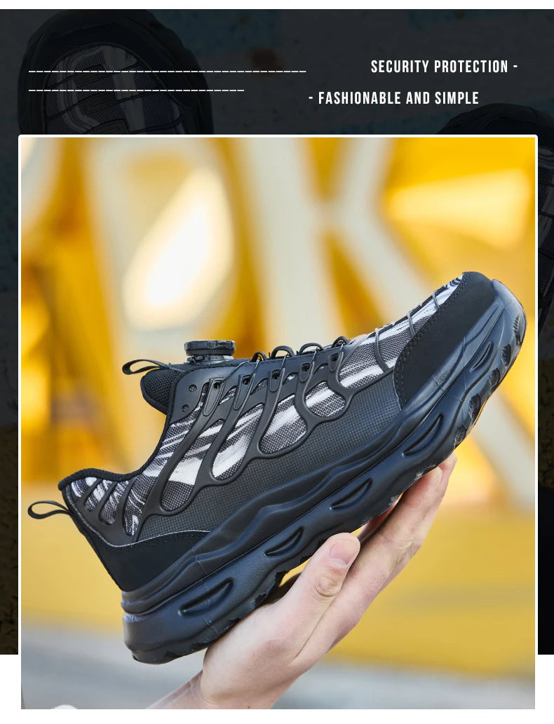 2025 botão rotativo sapatos de segurança homens anti esmagamento anti piercing sapatos de trabalho homens sapatos de dedo do pé de aço antiderrapante sapatos indestrutíveis