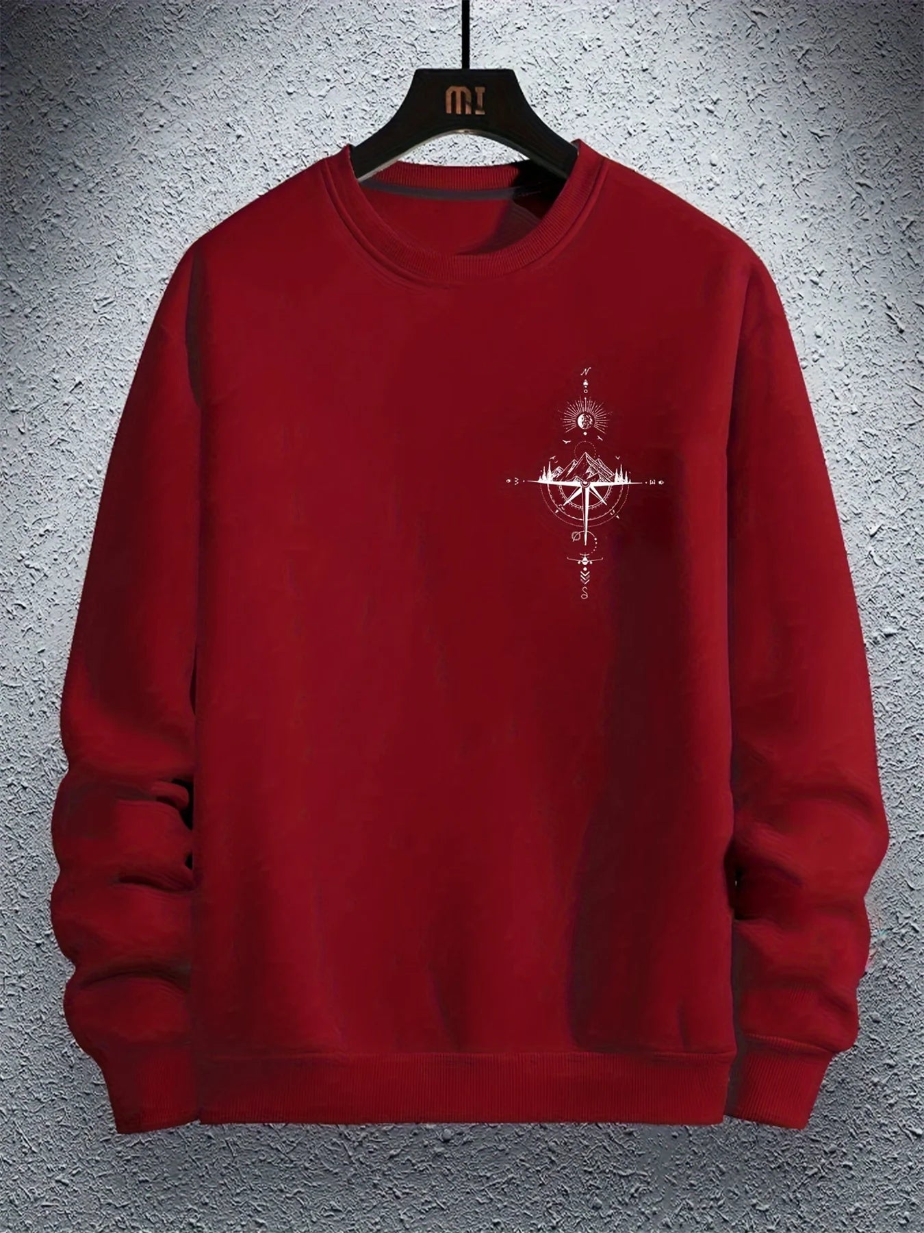 Outono e inverno masculino moda casual solto montanha e bússola impressão gráfica manga comprida em torno do pescoço moletom