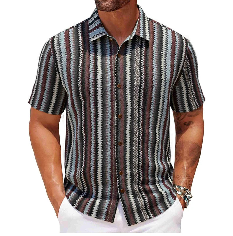 Novo étnico listrado masculino cardigan topos chique oco para fora manga curta casual camisa de renda moda streetwear premium blusa respirável