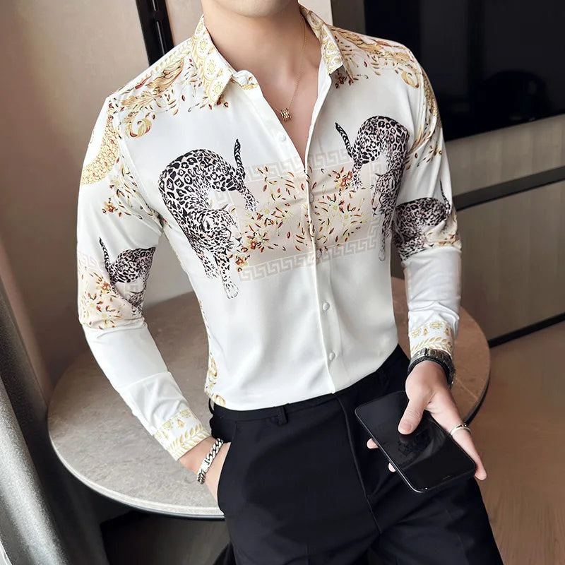 Camisa Coreana Estampada Masculina, Manga Comprida, Fina, Vestido, Festa, Negócios, Social, Boutique, Luxo, Primavera, Outono, 6XL