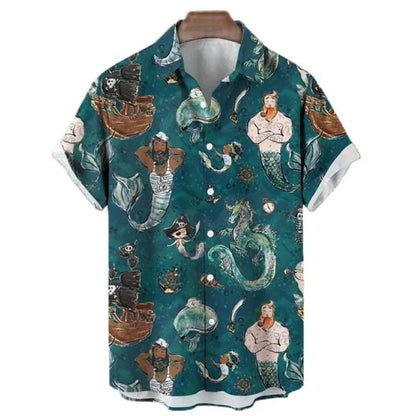 Camisa havaiana retrô masculina com impressão 3D, gráficos sereia, botão casual, manga curta, lapela, streetwear, verão