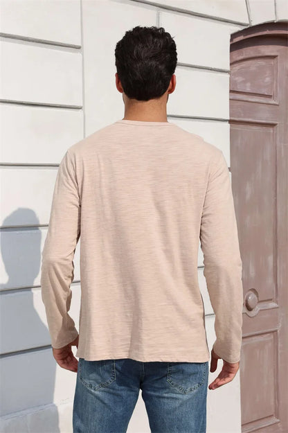 Outono nova camiseta masculina de manga longa casual estilo simples henley pescoço respirável leve algodão topos moda masculina