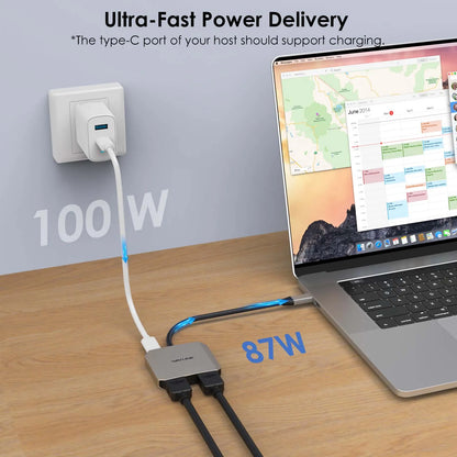 Wavlink 3-em-1 usb c para adaptador hdmi duplo com entrega de energia de 87w 4k @ 60hz para laptops macbook pro/air dell thunderbolt 3/4