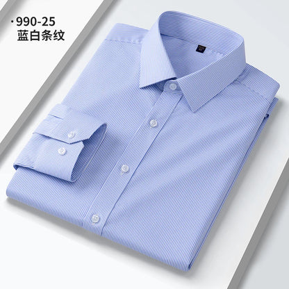 Camisa elástica anti-rugas masculina, manga comprida, slim fit, blusa social e de negócios, vestido branco, qualidade
