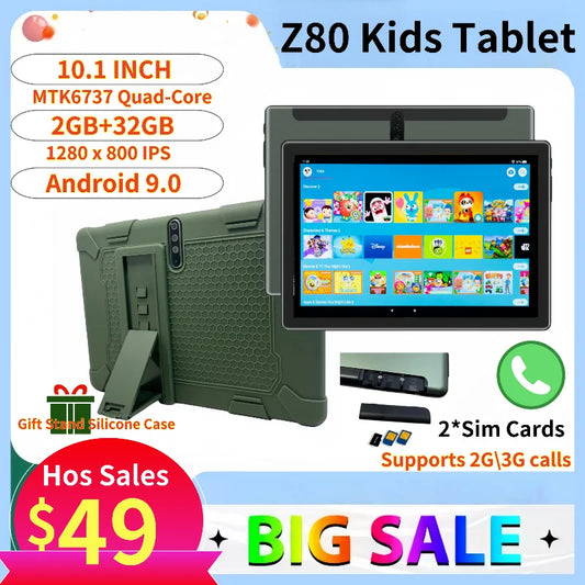 10.1 polegada tipo-c 3g telefone tablet para crianças android 9.0 2gb ram 32gb rom mtk6737 quad-core 1280x800 ips 6000mah presente capa de silicone