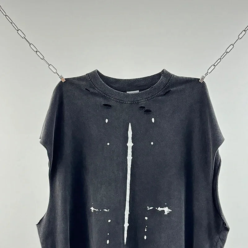 Crânio vermelho impressão de dedo buraco danificado saint tanque t das mulheres dos homens streetwear colete de grandes dimensões vintage washe preto sem mangas t camisa