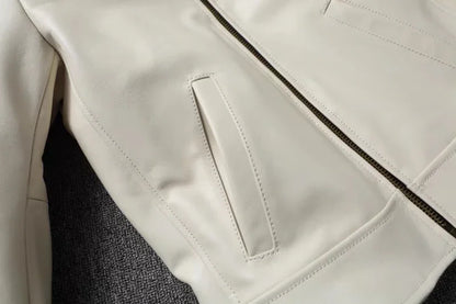 Jaqueta de couro genuíno masculino lapela branca jaqueta de pele de bezerro natural casaco masculino fino ajuste camada superior jaqueta de motociclista