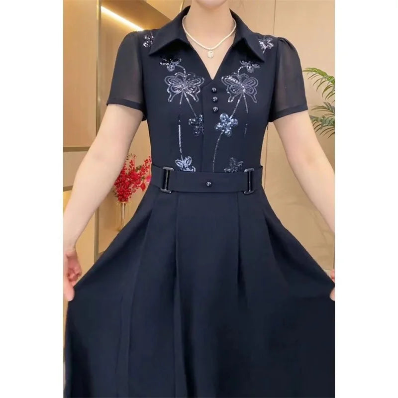 Mulheres estilo ocidental vestido verão primavera nova moda high-end lantejoulas vestidos longos mãe de meia idade elegante magro vestidos mujer