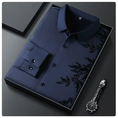 Outono inverno mais lã camisas masculinas impressão anti-rugas térmica turn-down colarinho manga longa banquete único breasted topos